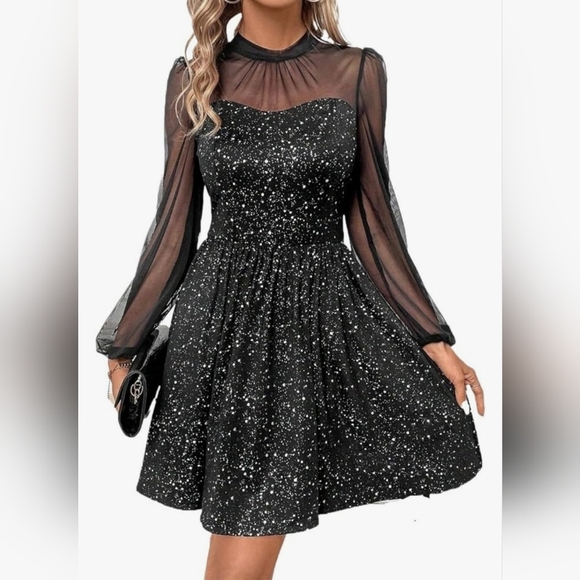 Dresses & Skirts - NEW! Sheer sleeve Black Sparkle dress. Size Medium.